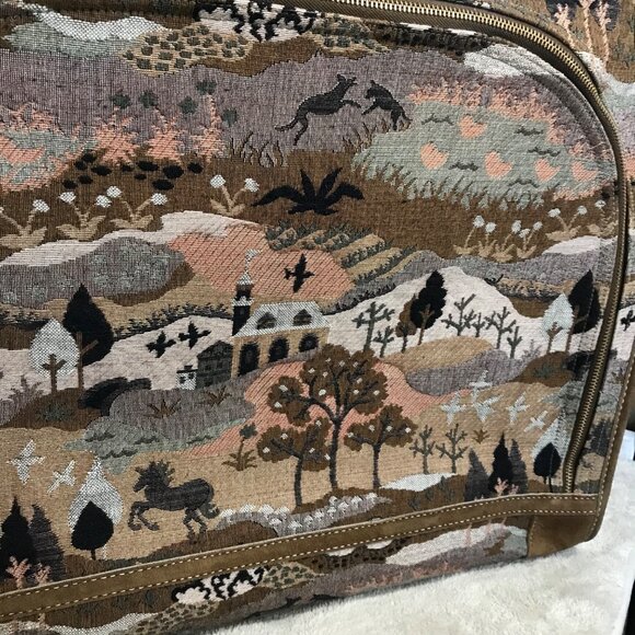 Vtg French Luggage Co Tapestry Brown Suede Luggage Set Countryside with Unicorn - Picture 13 of 16